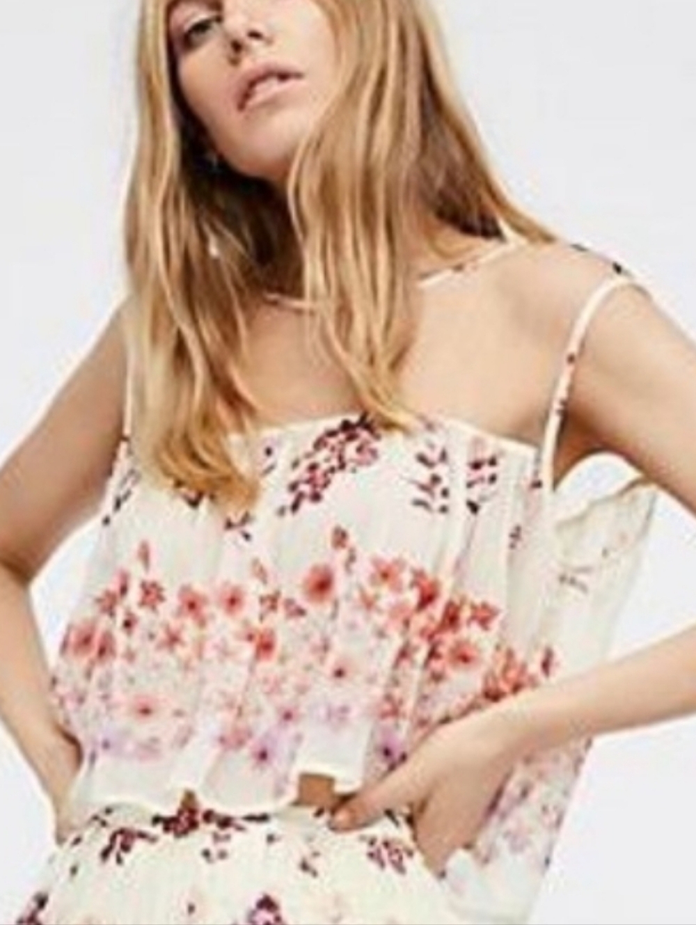 Free People Honey Child Top Floral Ruffled Crop Tank Embroidered